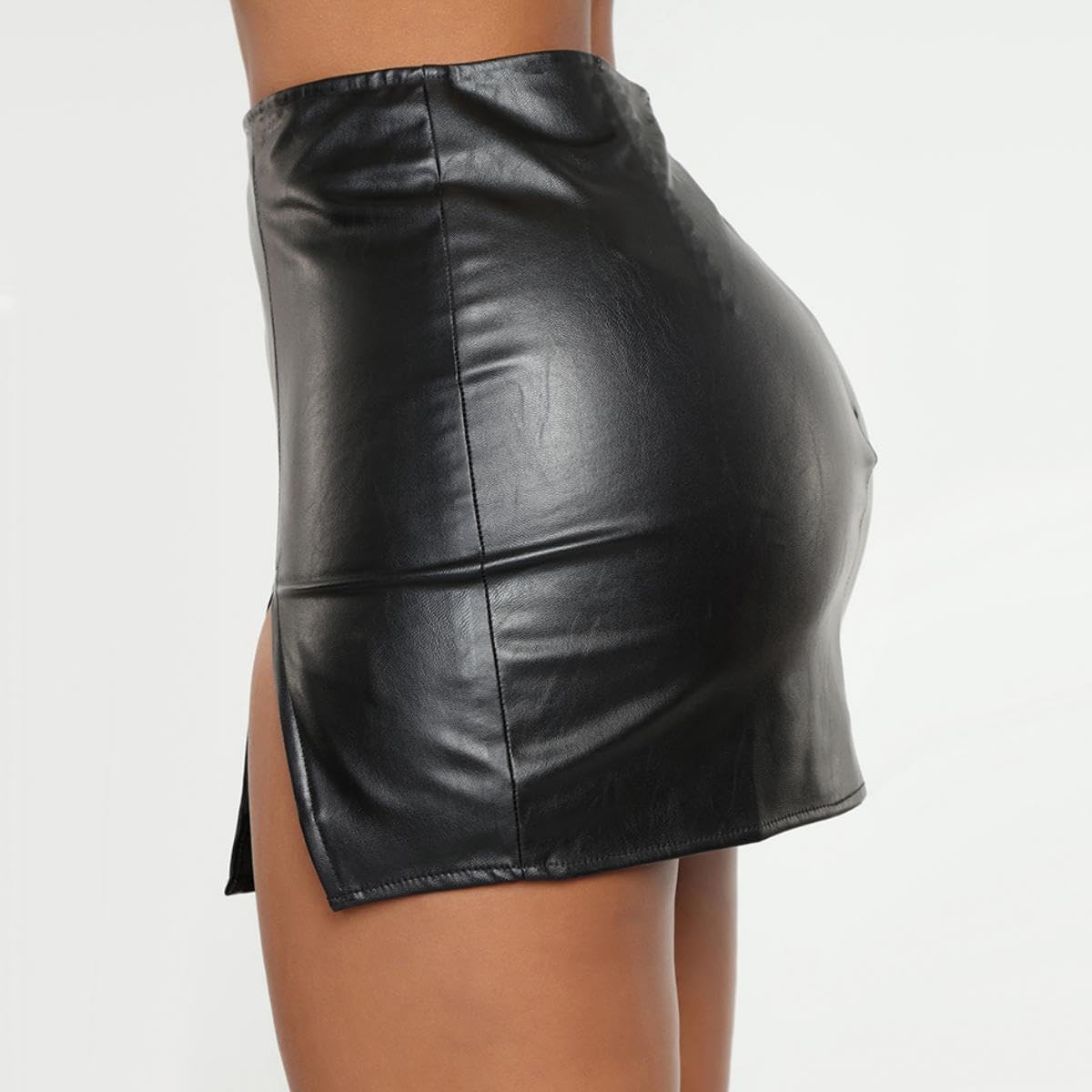 Women PU Leather Bodycon Short Skirt High Waisted Stretchy Asymmetrical Split Hem Hip Wrap Mini Skirt