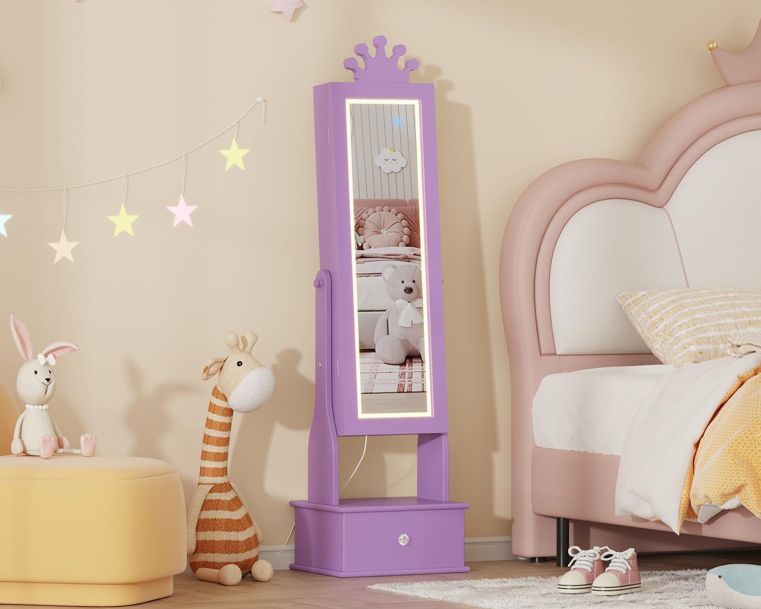 LED Kids Jewelry Armoire Cabinet for Girls, Princess Vanity Dresser with Lights - Purple Jewelry Box & Hair Accessory Organizer for Kids Bedroom, Multifunctional Storage Case with Mirror