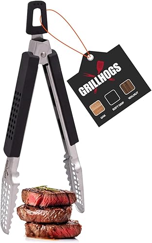 Pinzas para barbacoa de acero inoxidable de 9 pulgadas de largo con mango de agarre suave, 1 par, color negro