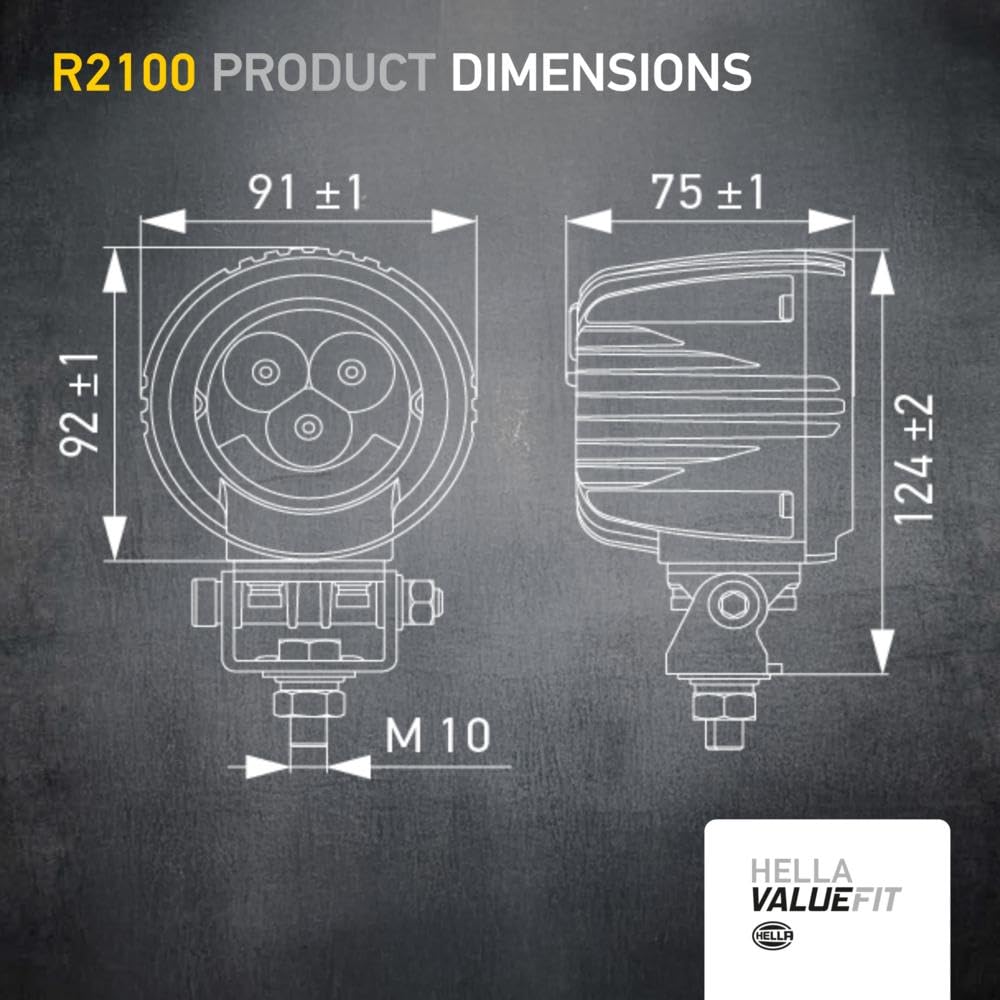 HELLA VALUEFIT 1G0 357 109-111 Phare de Travail LED R2100 2.0 - 12/24V - 2300lm - Montage en saillie - Système d'étrier - Éclairage du champs proche - Câble: 300mm - Quantité: 1