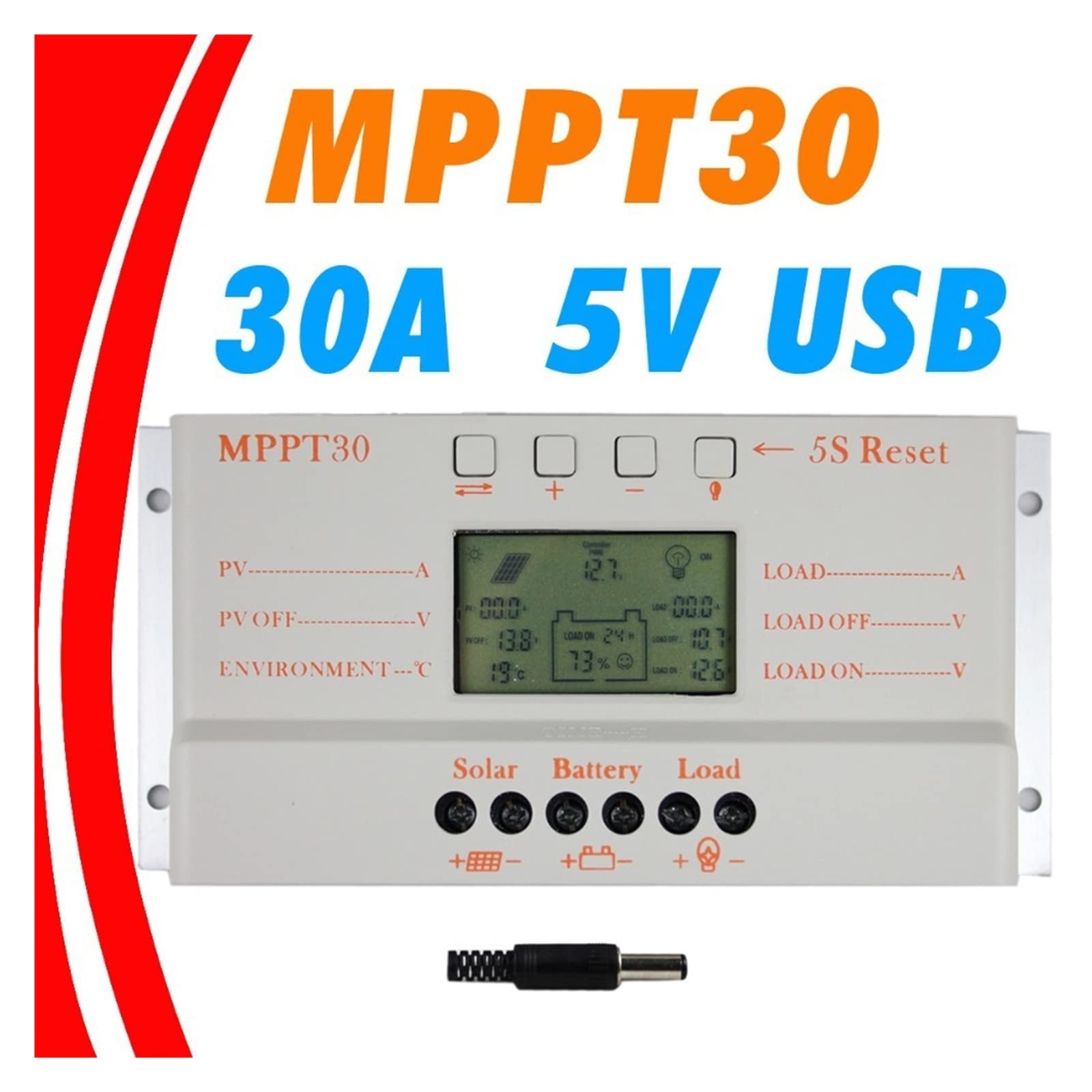 Regolatore Solare, MPPT 30A LCD Regolatore di Carica Solare 12V 24V Interruttore Automatico 30A Regolatore del Pannello Solare Con Display Luce di Carico E Timer Controller