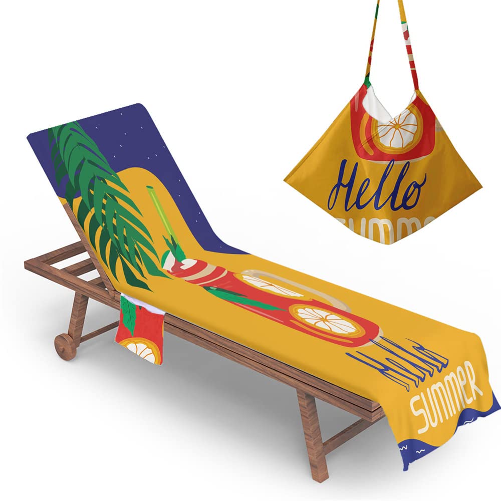 RRrawgff Beach Chair Cover Towel Creative Summer Style print Beach Towel Lounger Bags with Pockets, Fitted Microfiber Sunbed Towels Summer Outdoor Sun Lounger Towels (73x210cm,Summer Drink)