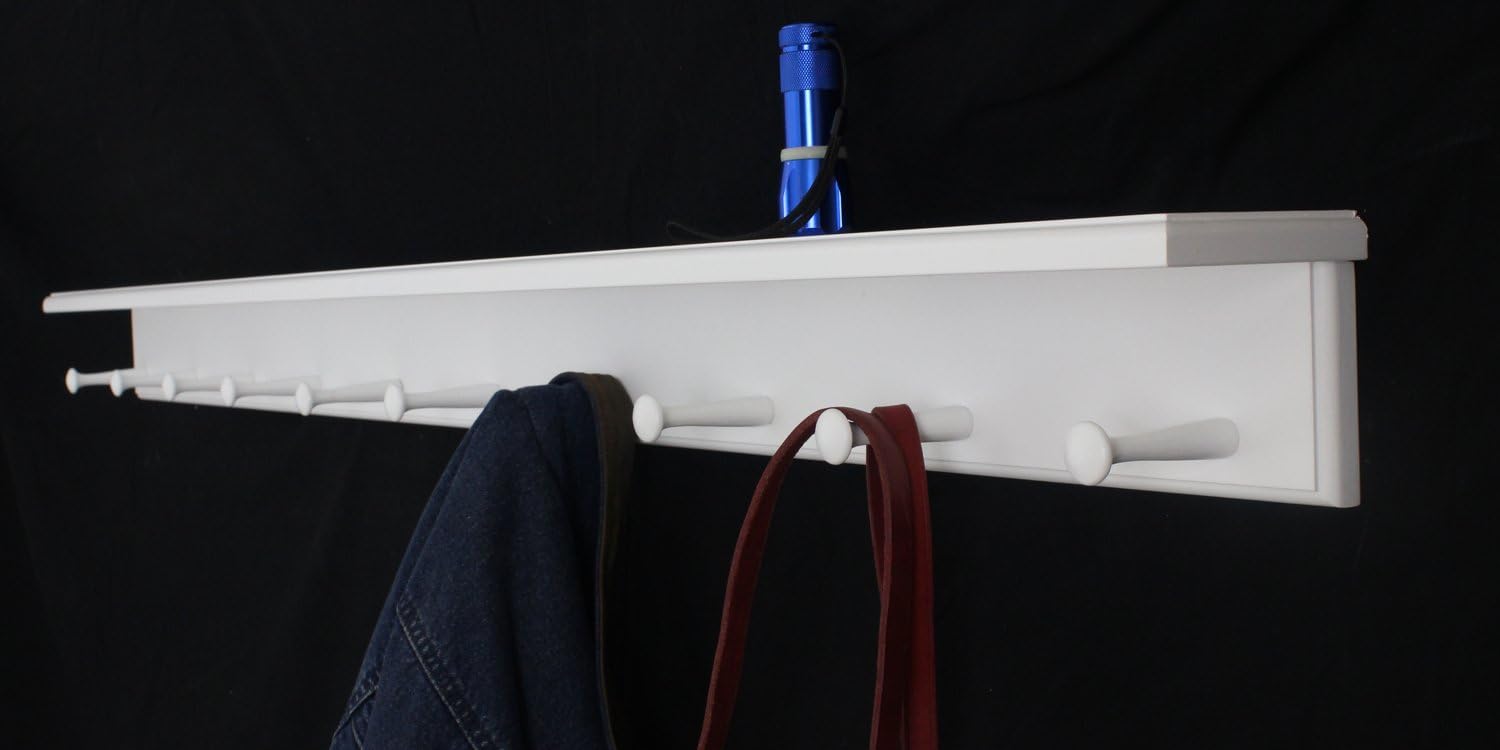 White Shaker Peg Rack with Shelf (35" X 4" Shelf & 6 Pegs)