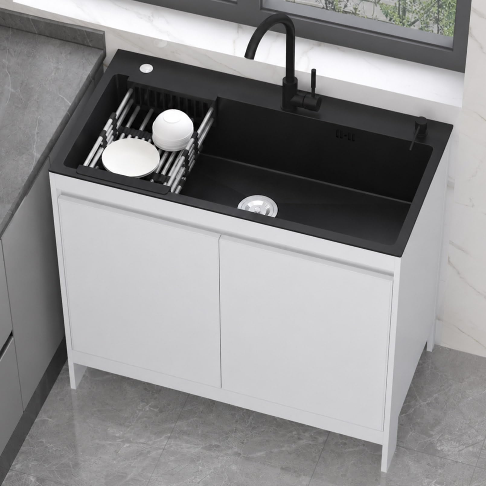 Mobile Lavatoio da Esterno e Garage, 80cm Lavandino Autoportante in Acciaio Inox Nero e Alluminio, Spazio di Archiviazione Singolo, Lavello per Doppia Acqua con Rubinetto Incluso