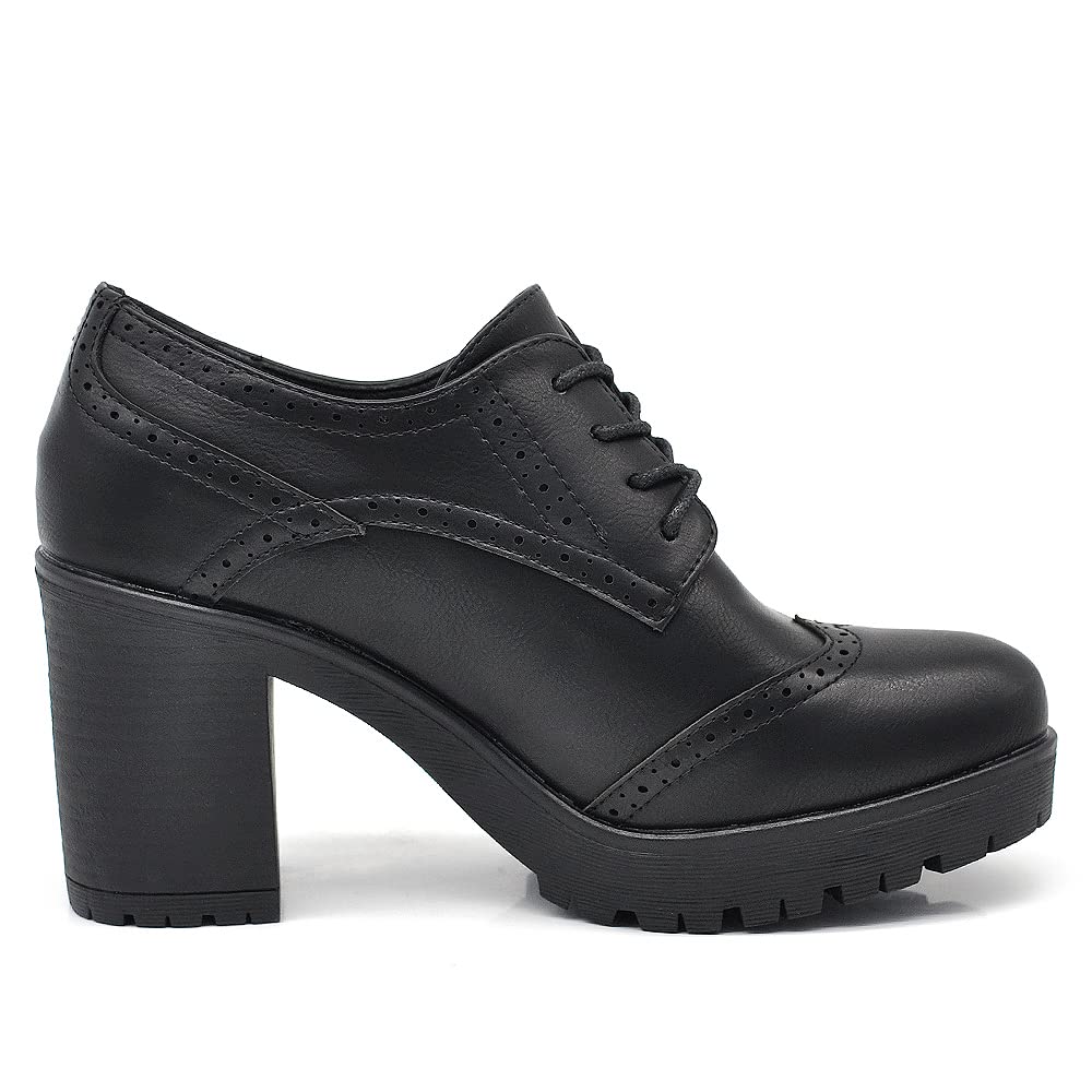 IF Fashion Chaussures Femmes Lacets Francis Broderie Talon Grosse Cuir Synthétique IF146, If 146 Noir