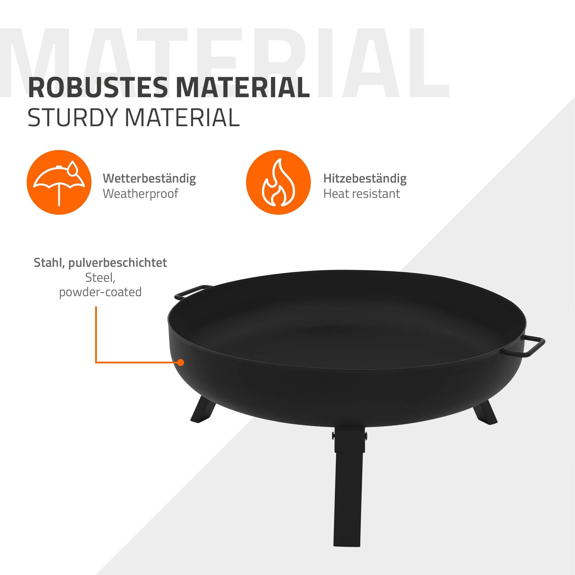 ECD Germany Cuenco de Fuego 60 x 27 cm Brasero Exterior Redondo de Acero con 3 Patas Plegables y Asas de Transporte, Fire Bowl Negro con 2 Agujeros de Drenaje Ideal para Barbacoas de Jardín o Camping