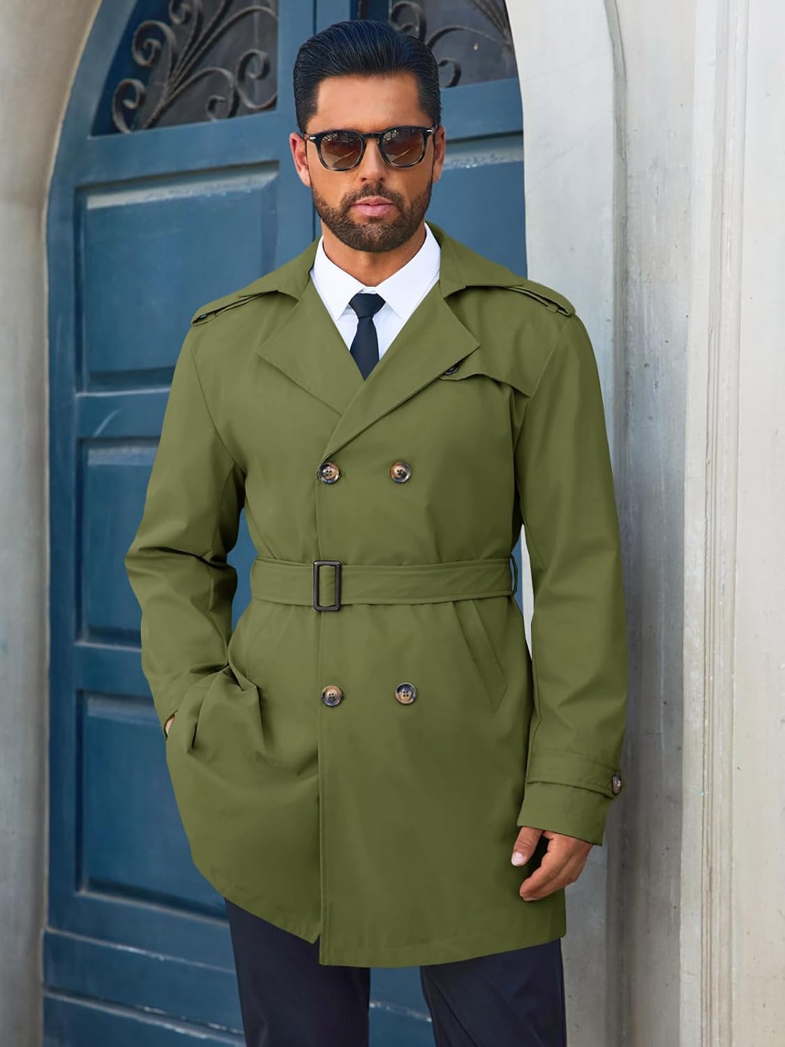 Runcati Men's Trench Coat Double Breasted Notched Lapel Long Jacket Belted Windbreaker Casual Slim Fit Overcoat - Image 2