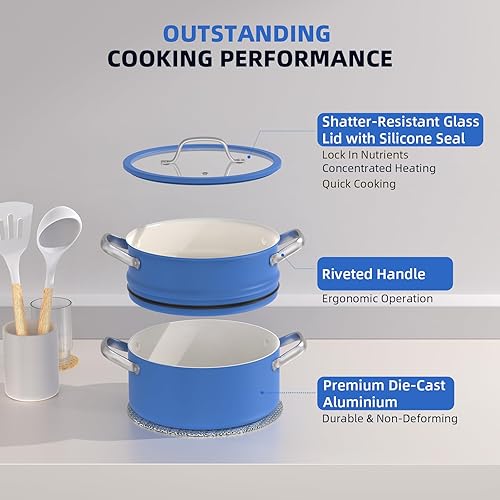 Miniatura 7 de Juego de 15 ollas y sartenes antiadherentes, juego de utensilios de cocina de cerámica con vaporizador, juego de cocina no tóxico con asas