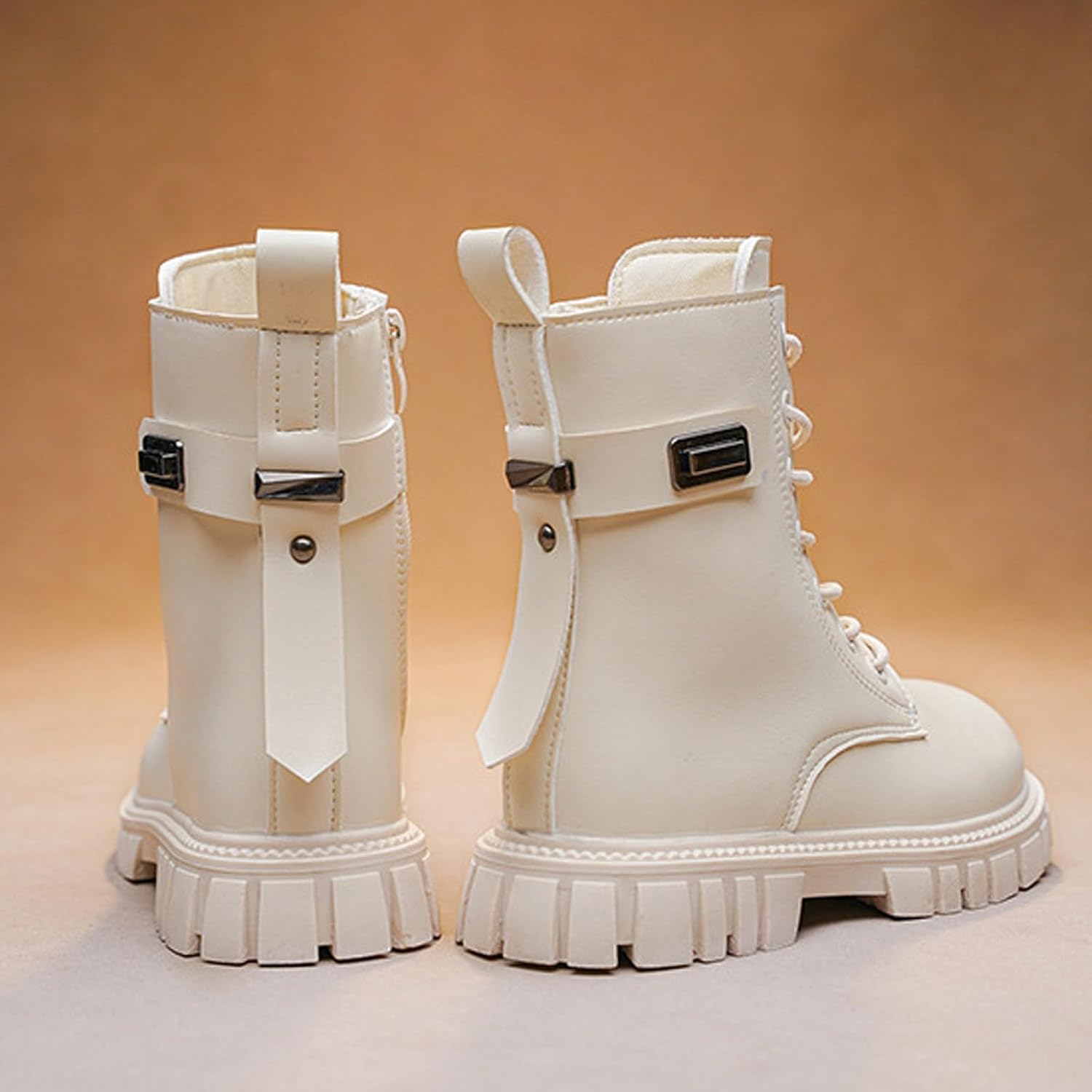Girls Lace Up Ankle Boots Lug Sole Non Slip Winter Booties Leather Combat Riding Boots Side Zipper Punk Goth Bootie