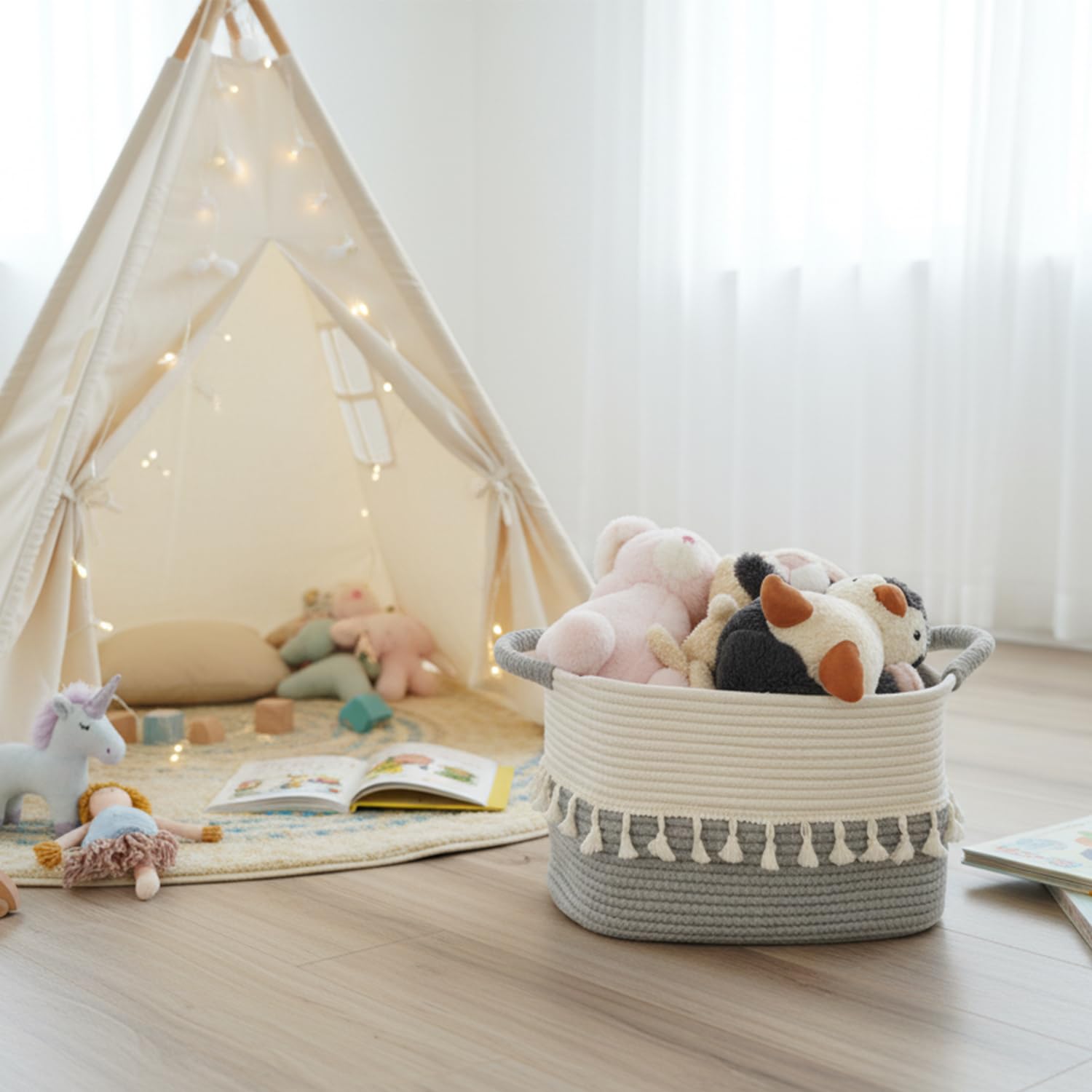 TeoKJ Cestini Intrecciati per Riporre Oggetti, in Corda di Cotone, Confezione da 3 Pezzi, Con Manici per Organizzare, Graziosi Cestini per Asilo Nido, Soggiorno, 38,1 x 25,4 x 22,9 cm, Bianco e Grigio