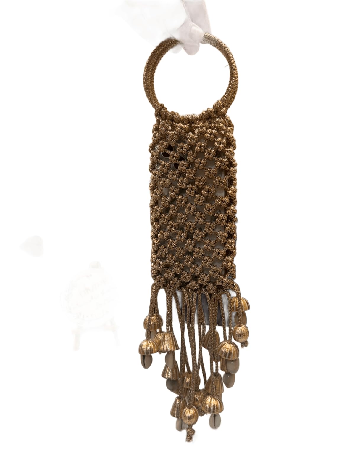 Divine by Mirva Handmade Golden Macrame Mobile Pouch with Ring Handle and Cowrie Shell Charms | Elegant Braided Smartphone Wristlet for Wedding. (Pack of 1)-image-13