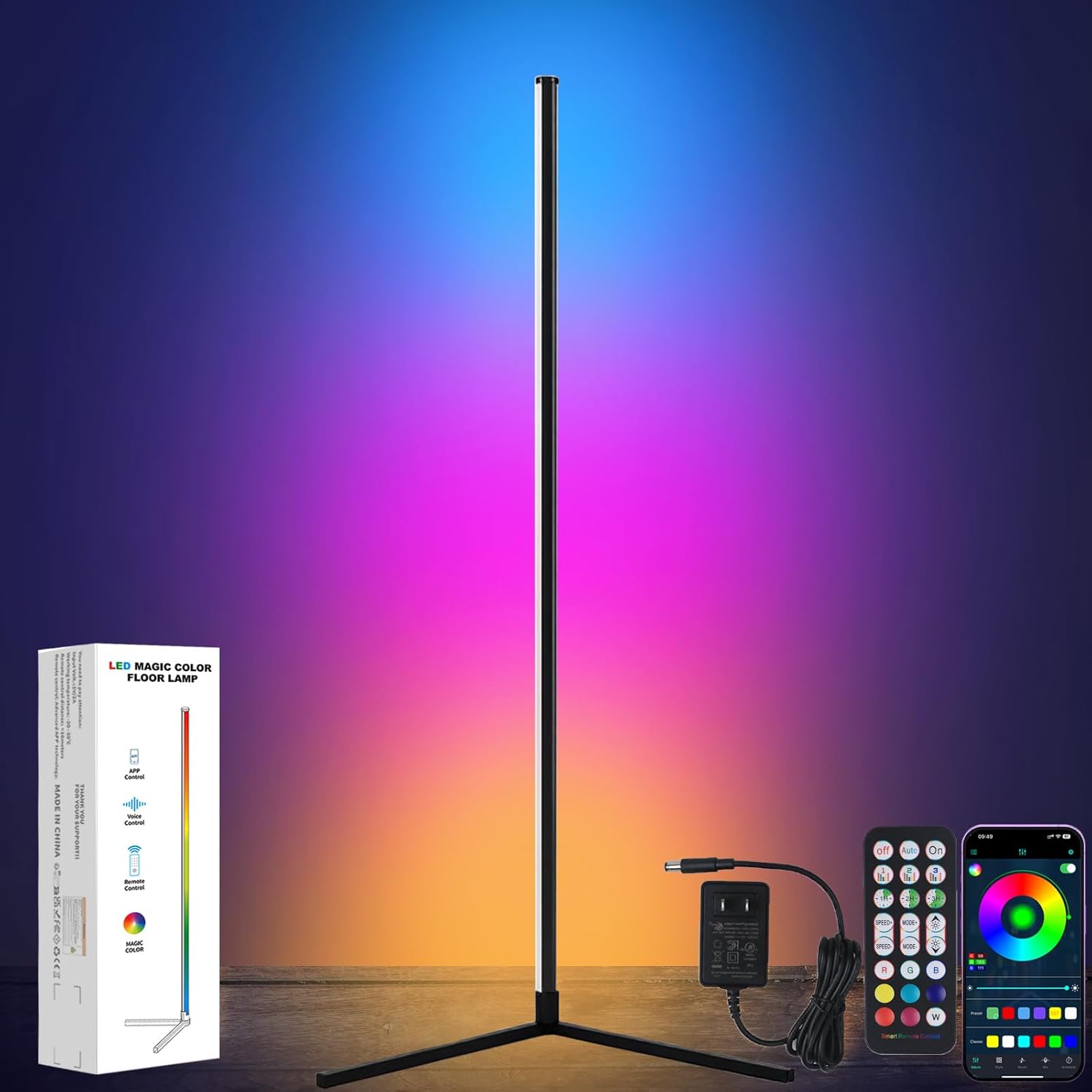 Smart LED Corner Floor Lamp for Living Room with App Remote Control, 16 Million Colors, Music Sync, Black