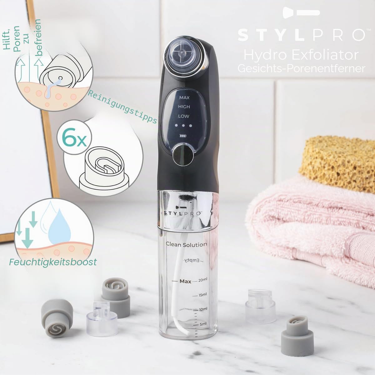 STYLPRO HYDRO EXFOLIATOR – Kabelloser, wiederaufladbarer Porenreiniger mit Vakuum. Entfernt abgestorbene Haut, klärt Poren, spendet Feuchtigkeit und beseitigt überschüssiges Öl