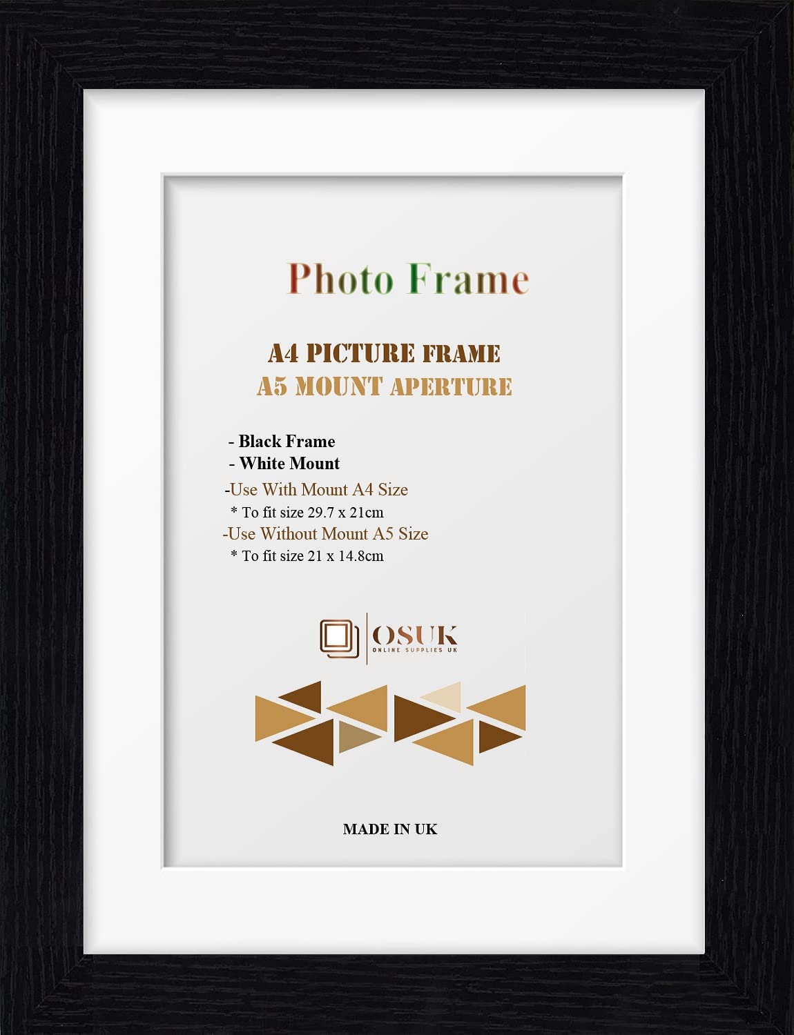 Frame Eazy Black Osuk A4 Frame With A5 Mount - Modern A4 Photo Frame With White Mount - Clear Perspex Front & Wall Mounting Poster Frame - A4 Photo Frame With A5 Mount