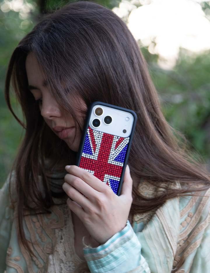 Image of Wildflower Cases - Compatible with iPhone 16 Pro Max | Protective Black Bumper, 6.5ft Drop Test Certified, Women Owned Small Business | Rhinestone Union Jack