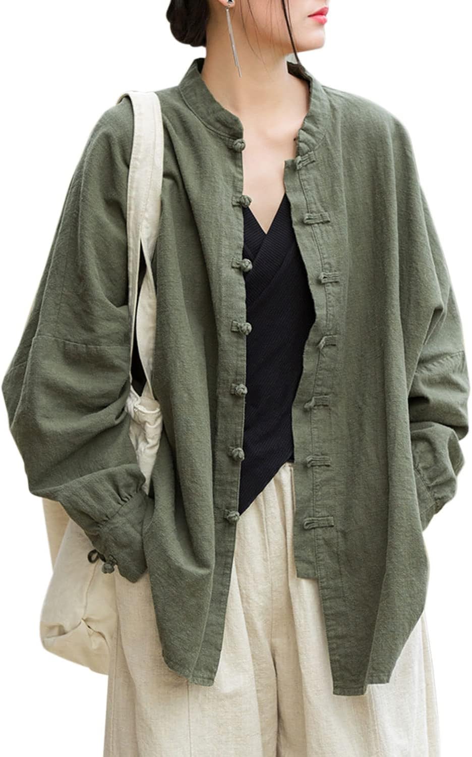 Women's Linen Oversized Blouses Vintage Long Sleeve Jackets Loose fit Chinese Frog Shirts