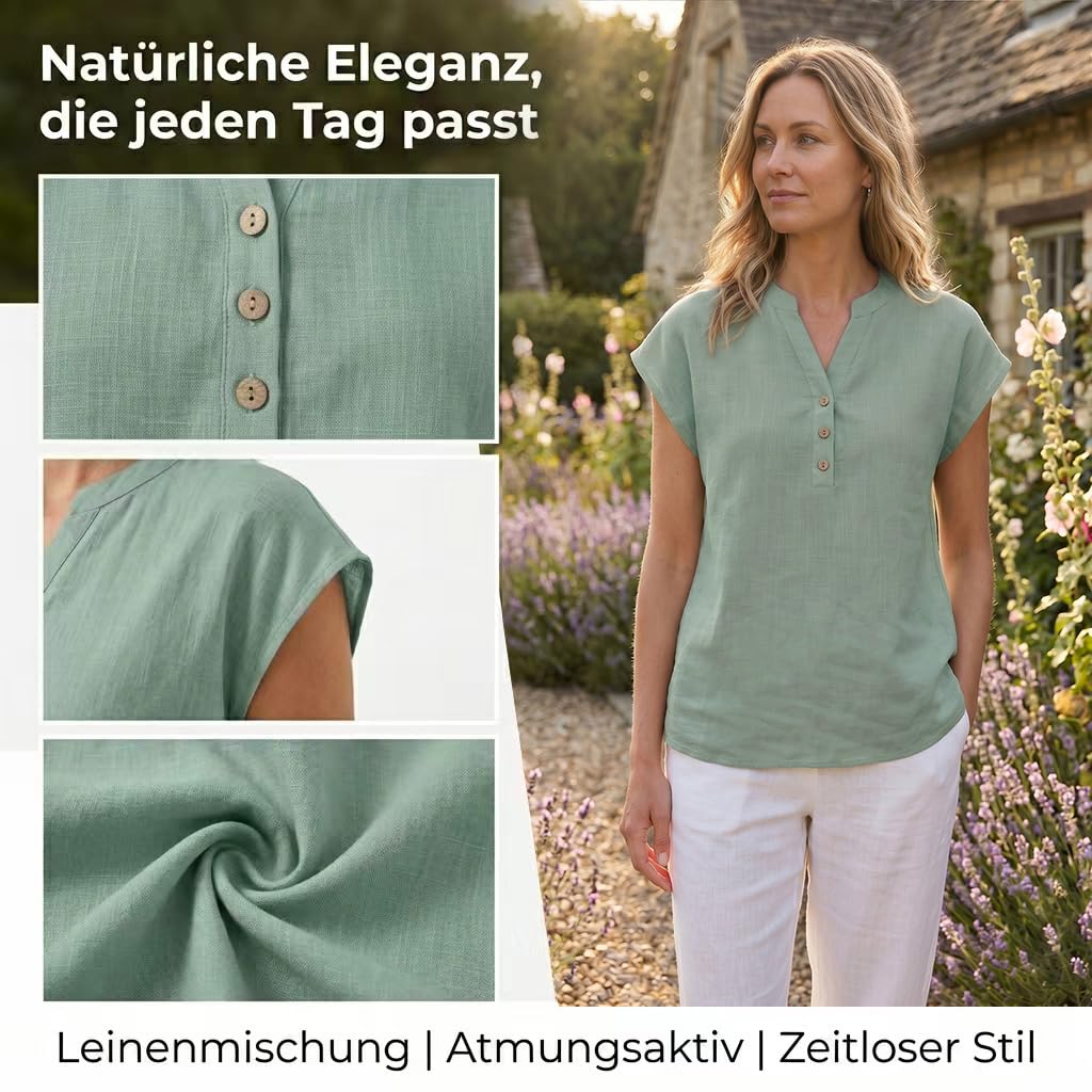 YUTILA Damen Baumwolle Leinen Bluse Kurzarm Einfarbig Henley Sommerbluse Blusenshirt Oberteile