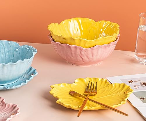 Miniatura 3 de AwakingWaves Lindo cuenco de cerámica hecho a mano con diseños de hibisco para frutas, ensaladas y sopas, cuenco amarillo de caramelo esculpido en