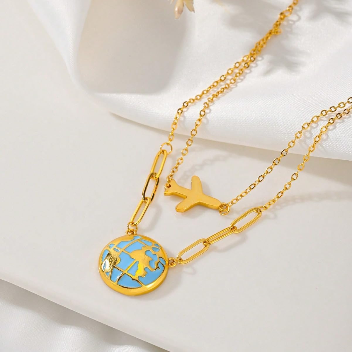Stackable Necklaces For Women, 14k Gold-Plated Earth Airplane Necklace Metallic Pendant Minimalist Freedom Jewelry Gift - Image 2