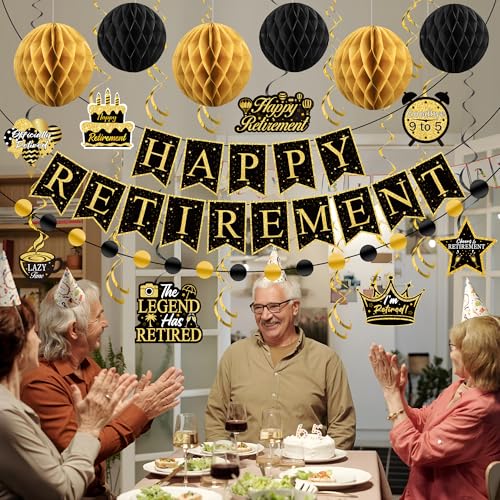 Image of Happy Retirement Party Decorations Kit Black Gold Retirement Banner Hanging Swirls and Honeycomb Balls Retirements Party Supplies for Farewell Goodbye Retirements Going Away Party Decorations