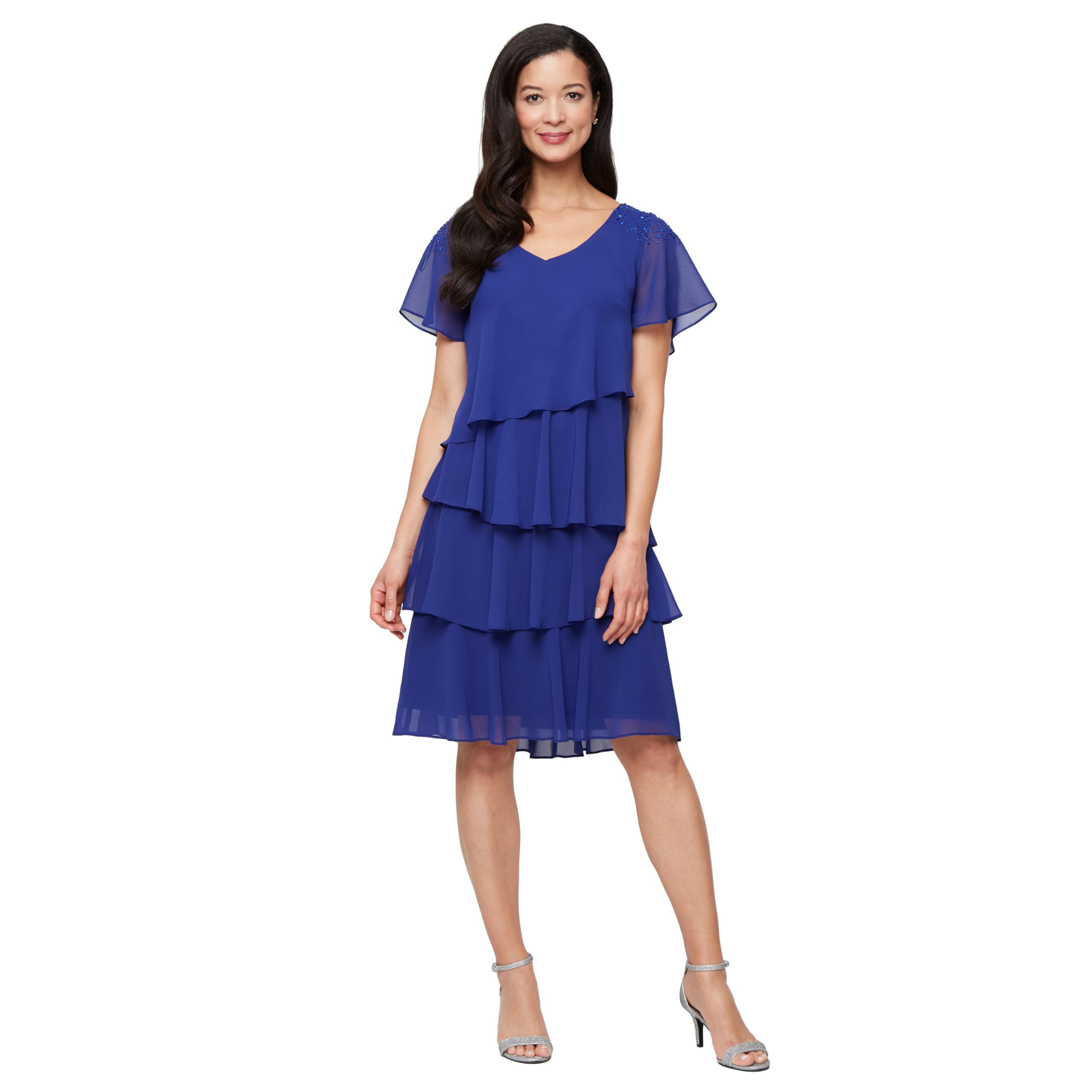 S.l. Fashions Women's Iris V-Neck Chiffon Cocktail Dress With Beaded Shoulders And Asymmetrical Tiers (Petite And Regular Sizes), 14