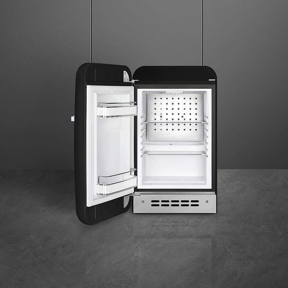 Smeg Retro Fab 5 Mini Refrigerator - 16" Authentic 50's Style - Made In Italy - Fab5ulbl3-1.5 Cu. Ft - Adjustable Shelves & LED Lighting – Left Hinge Option (Not Reversable)- Black on Fridge.com - View 2
