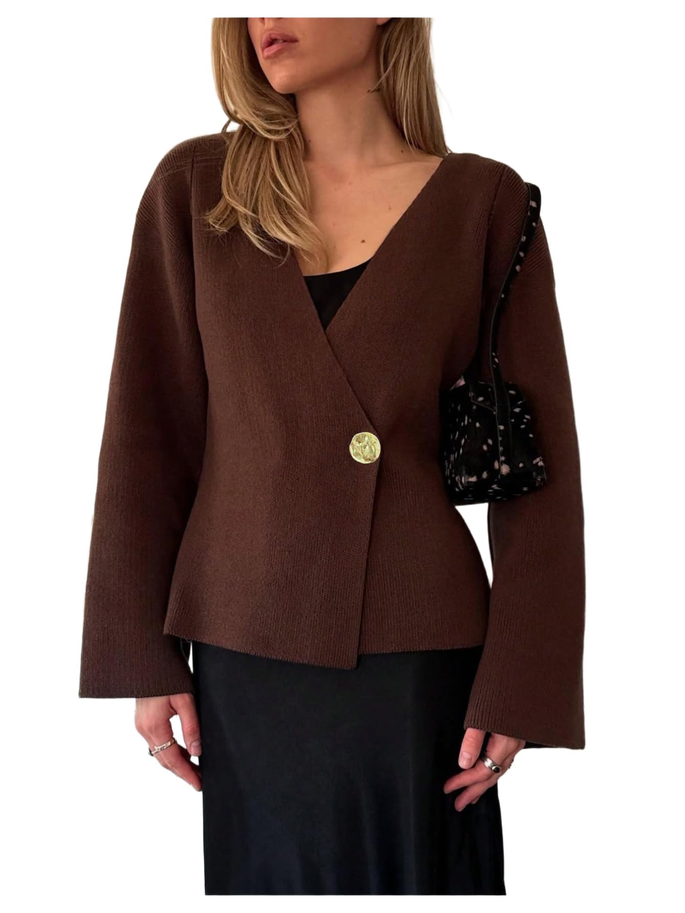 GORGLITTER Womens Wrap Cardigan Bell Long Sleeve V-Neck Button Down Knit Open Front Cardigan Sweaters Dressy Casual