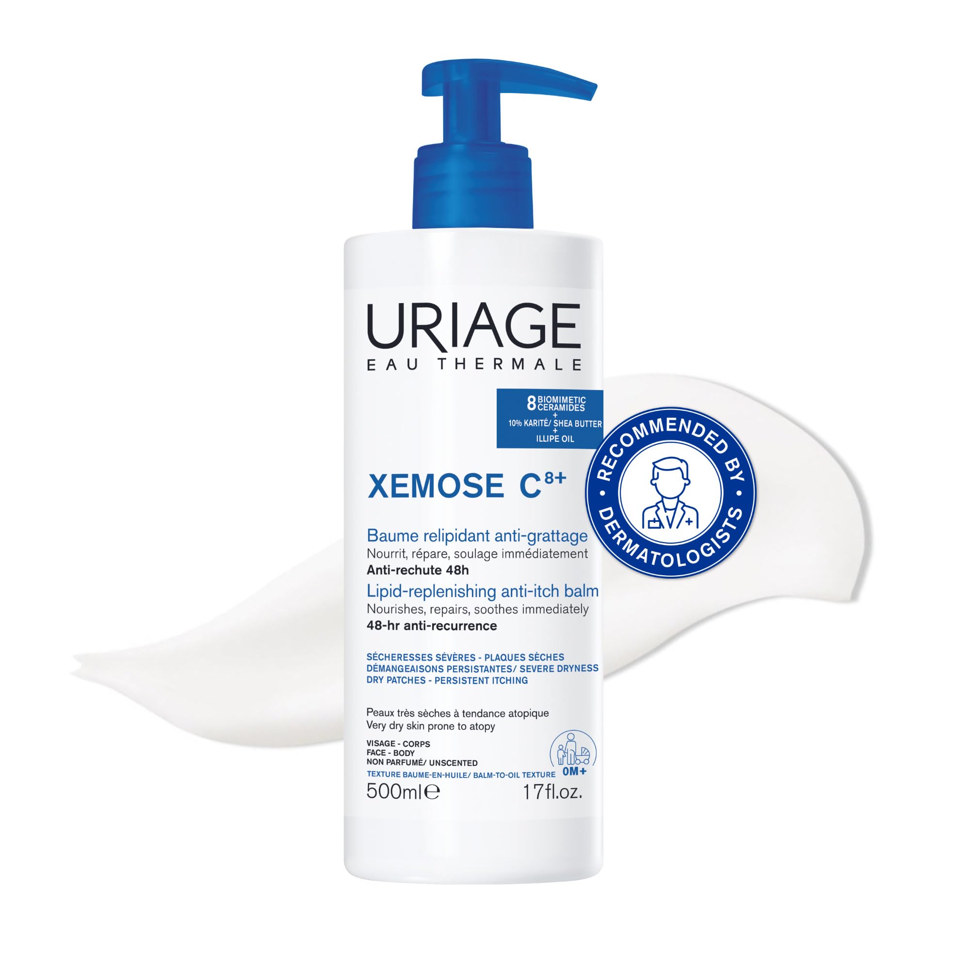 Uriage Xemose C8+ Anti-Juckreiz-Balsam 500 ml - Nährt, Repariert, Beruhigt - Sehr Trockene, Atopische Haut - 8 Biomimetische Ceramide & 10% Sheabutter - Gesicht & Körper - Ohne Duftstoffe