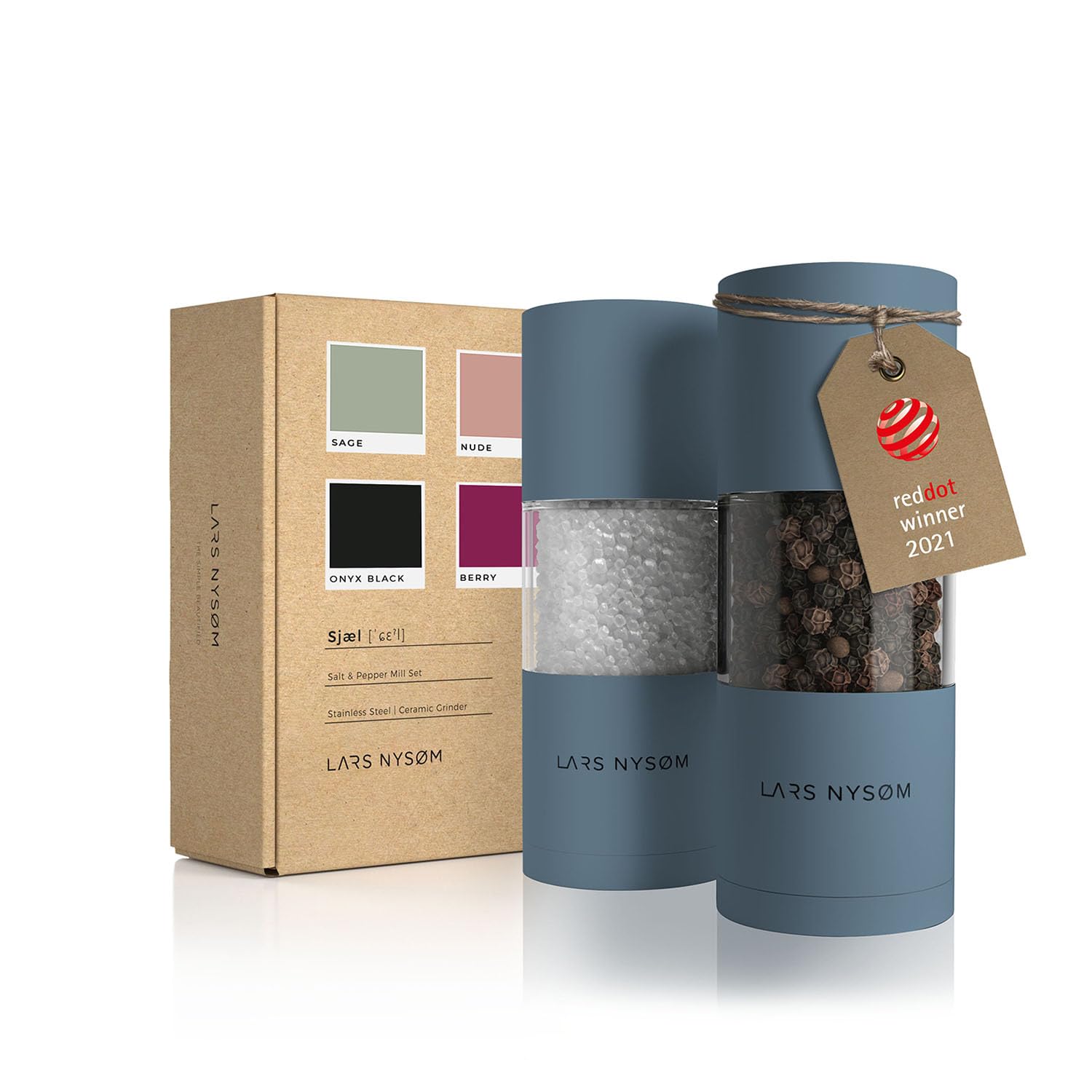 LARS NYSØMSalt and Pepper Mill Set Made of Stainless Steel with Adjustable Ceramic Grinder, 2 Pieces, Manual Spice Mills with Design (2 Pieces) (Stone Blue)