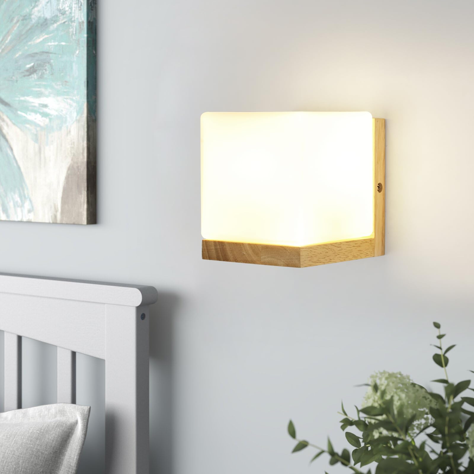 Comely Wall Light Sconce, E27 LED Wooden Wall Lamp,Square Glass Wall Lighting Fixtures for Living Room Bedroom Corridor Stairs Hallway - Image 3