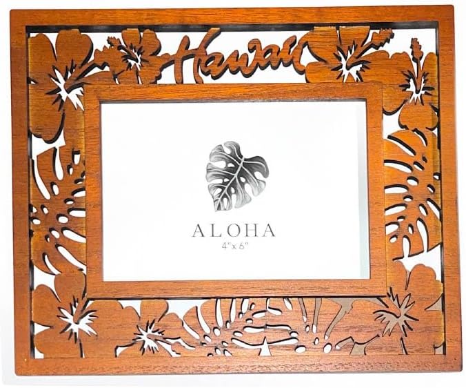 Wooden Hibiscus Floral Hawaiian Design Picture Frame (Landscape, fits 4" x 6" picture)