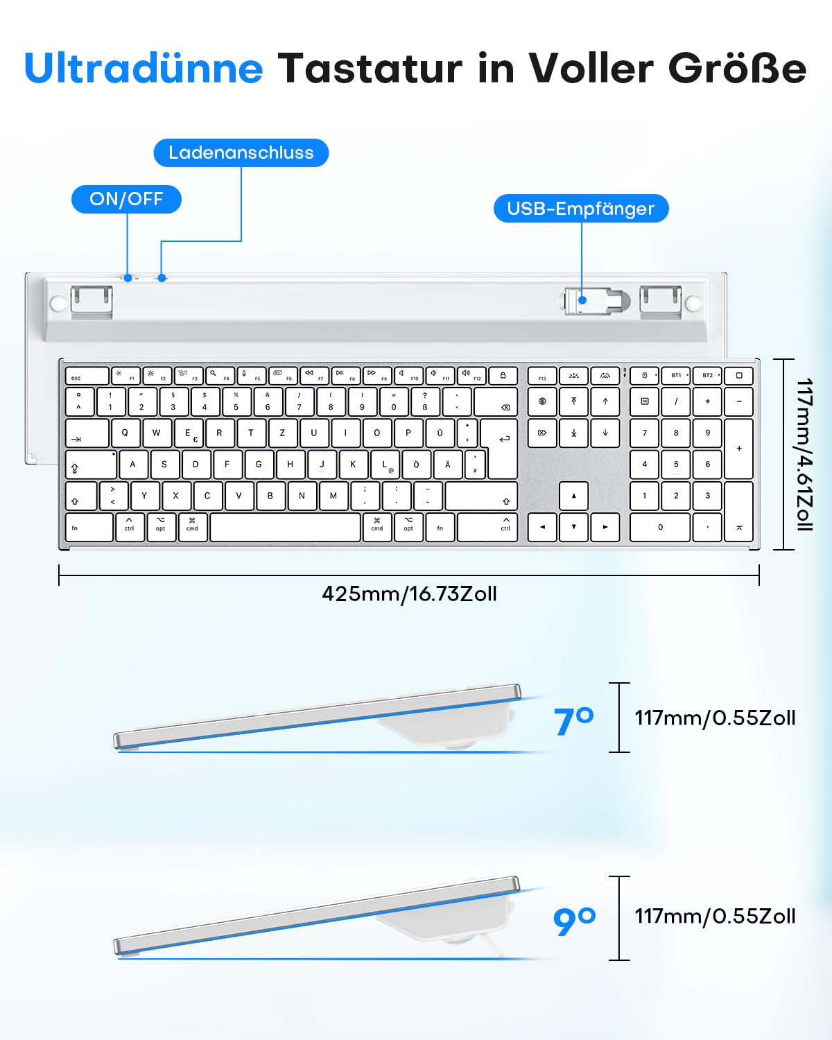 OMOTON Aluminium Kabellose Mac Tastatur, 2.4G & Dual-Bluetooth (BT1/BT2), Beleuchtete Tastatur für Apple MacBook Pro/Air, iMac, Mac mini, ultradünn, wiederaufladbare leise QWERTZ, Silber