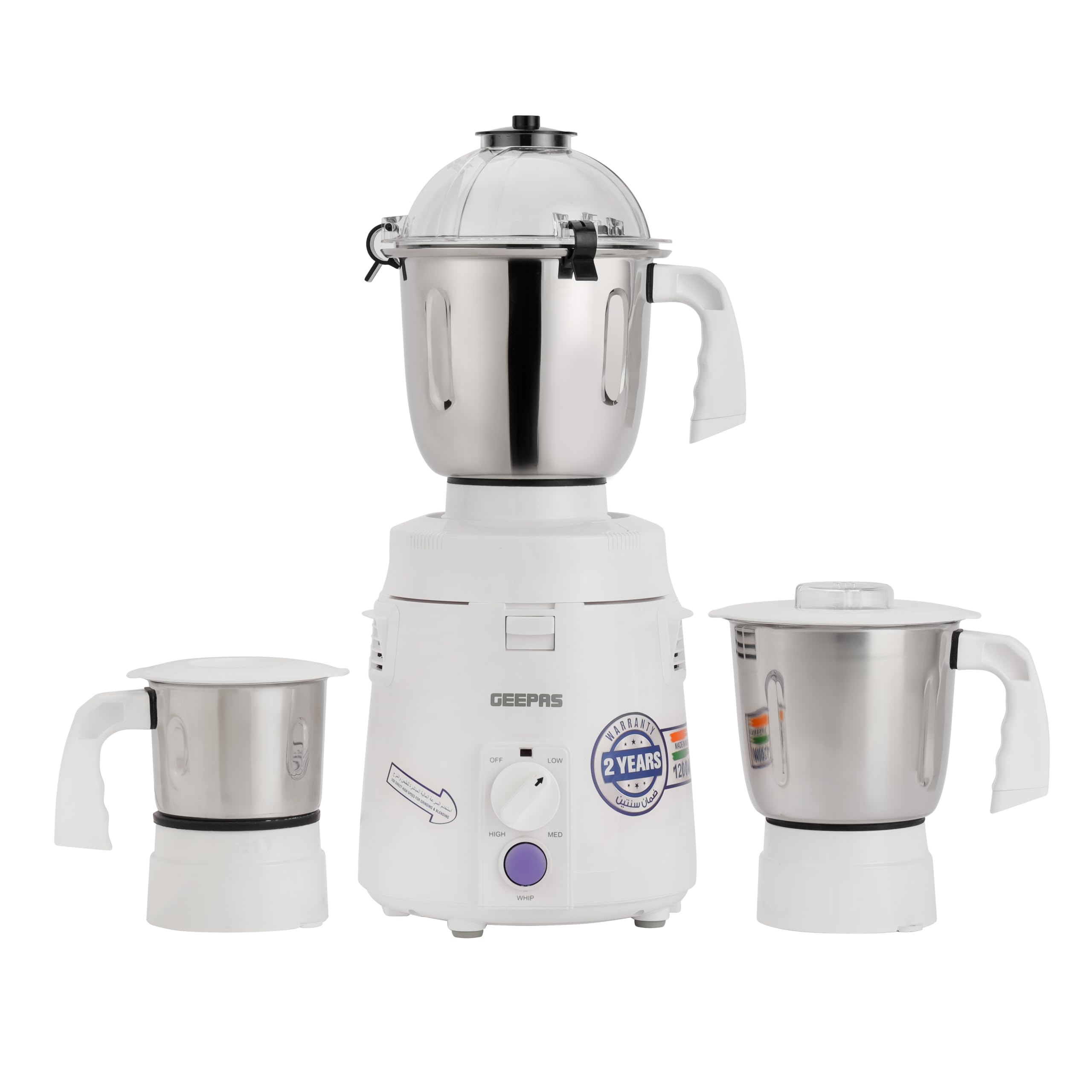 Geepas 3-in-1 Mixer Grinder- GSB44114|1200W Powerful Motor with Stainless Steel Jars|for Fast Grinding, Ergonomic Design,3 Jar with 3 Speed Control/White and Silver, 2 Years Warranty