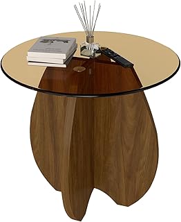 Glass Side Table, Round End Table with Modern Style, Small Table for Living Room and Balcony,Tool-Free and Easy Assembly (Shell-Brown)