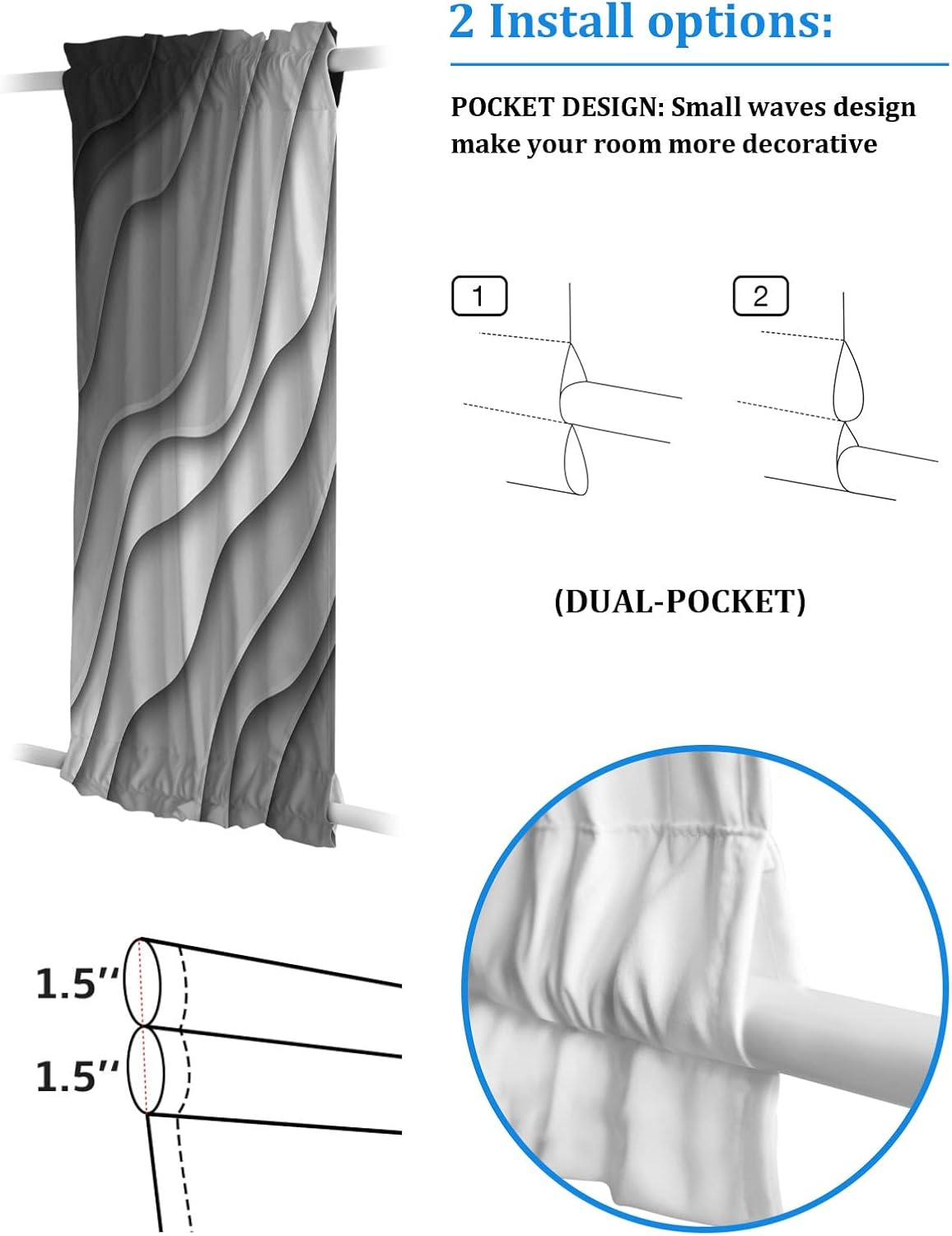 Blackout Door Curtains for Doorway Privacy, Black and Gray French Door Curtain Thermal Insulated Curtains for Front Door Rod Pocket Glass Door Panel 54x72in Ombre Abstract Geometric Beach