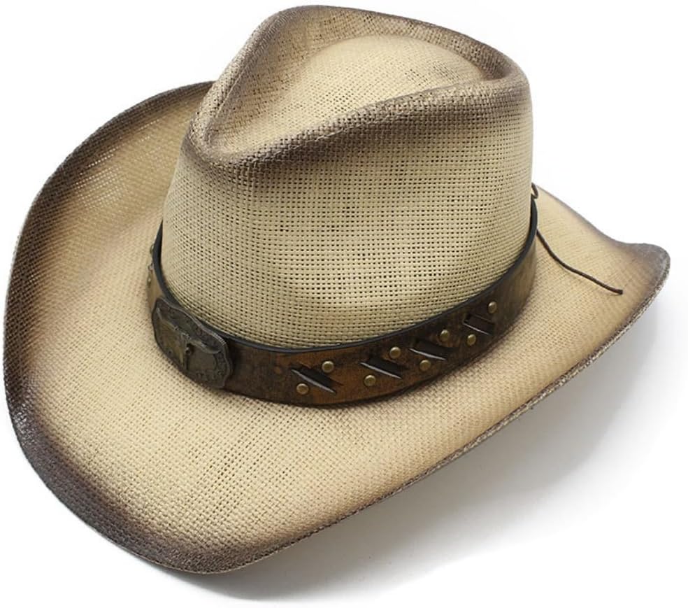 Western Cowboy Hat, White Straw with Brown Leather Band, Longhorn Buckle