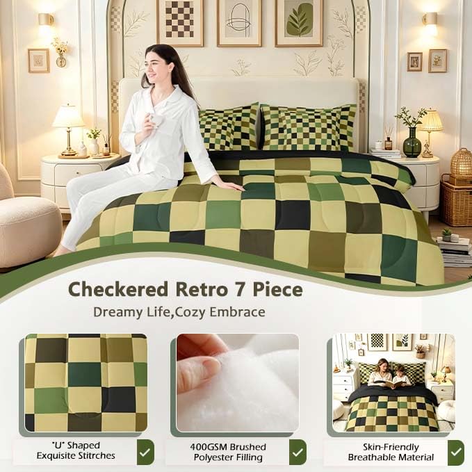 Image of Checkered Retro Comforter Set Twin Size 7 Pieces Hunter Green Plaid Bedding Set for Kids Boys Girls Geometric Camo Army Bed in a Bag Modern Hunting Groovy Aesthetic Bedroom Decor Quilted Lightweight