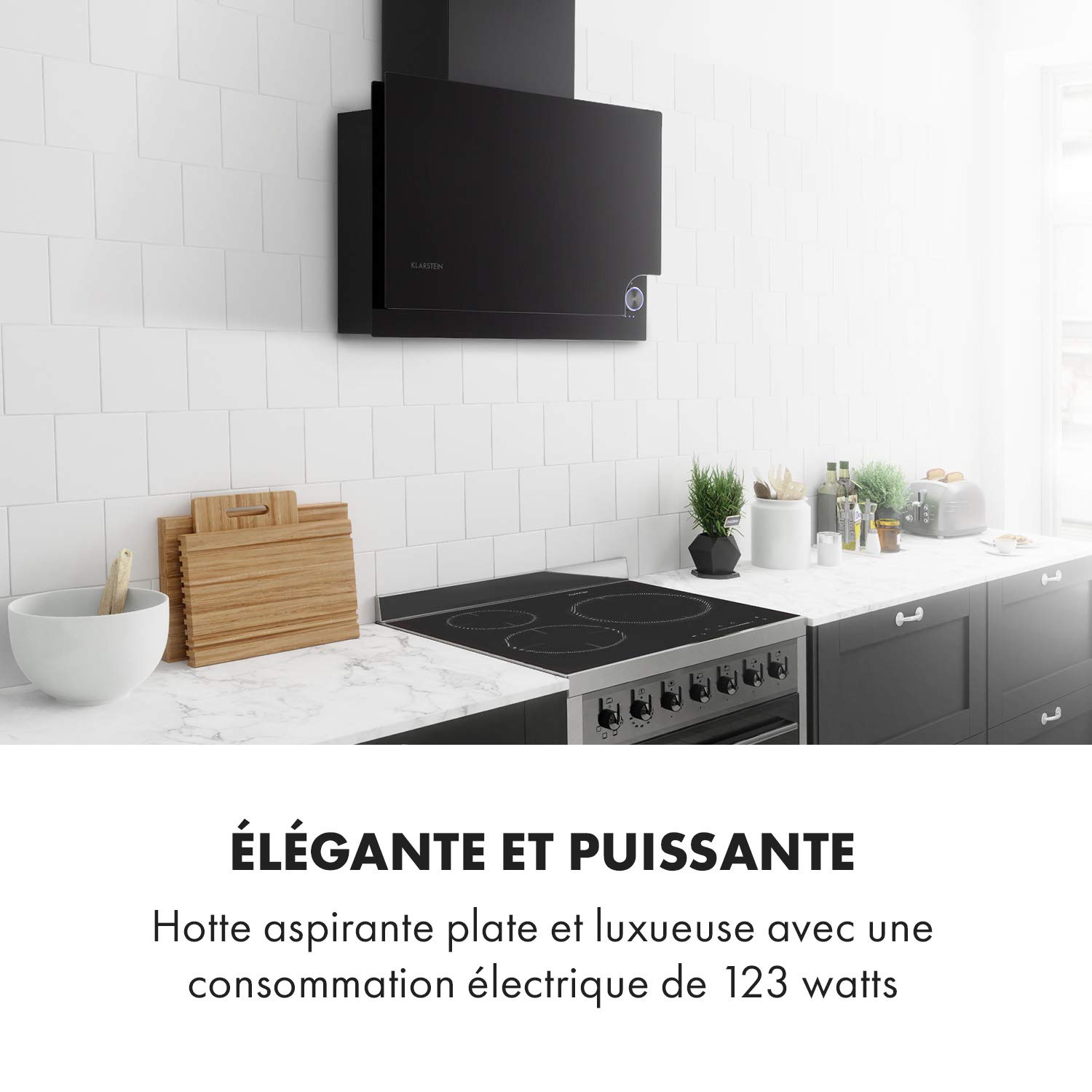 Klarstein Amelia - Hotte aspirante, Hotte inclinée dégagée, Design plat, 123 W, 586 m³/h, Éclairage LED : 3 W, 3 niveaux de puissance, Bouton rotatif tactile éclairé, 60 x 47 x 23,5 cm, noir