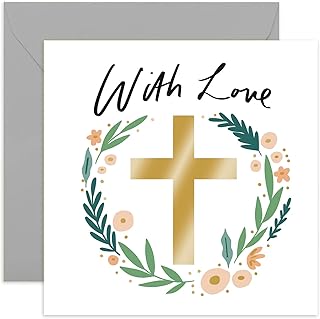 Old English Co. With Love Religious Faith Card - Stylish Floral Wreath Cross Greeting Card for Holidays, Baptism, Christening | Pastel Botanical Wreath Gold Details | Blank Inside & Envelope Included