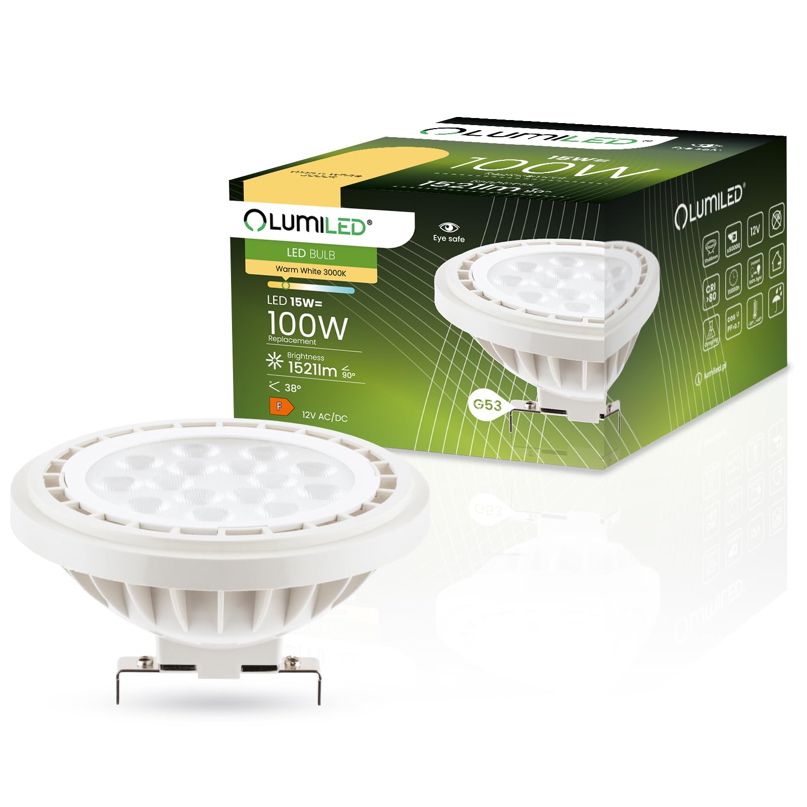 Lumiled LED-Leuchtmittel AR111 G53 Fassung Spannung 12V DC/AC 15W (Entspricht 100 Watt) Warmweiß 3000K 38 Grad Abstrahlwinkel weiß 1521 Lumen Nicht Dimmbar