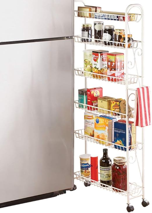Collections Etc Slim Rolling Pantry 6-Tier Shelf, White Metal with Elegant Scroll Design Accent - Extra Kitchen and Bathroom Storage, 6"