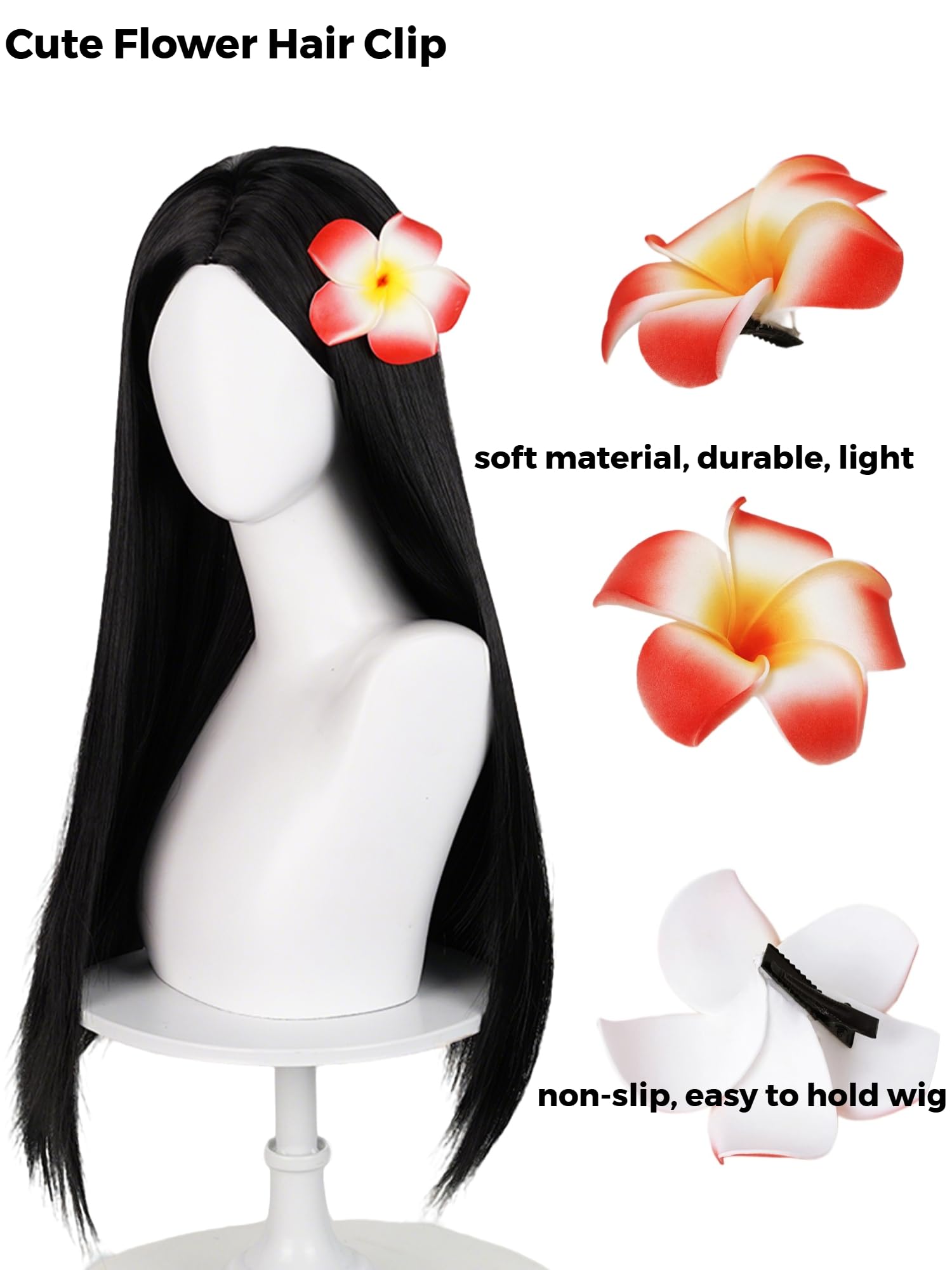 Peluca larga y lacia negra para niños con clip de flores, pelucas para niñas pequeñas Cosplay de 23.6 pulgadas de pelo sintético + gorra de peluca para disfraces diarios de fiesta de Halloween 5