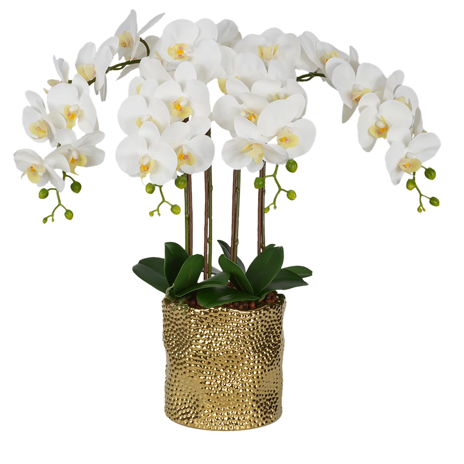 W&W Artificial Orchid Plants & Flowers Arrangement in Ceramic Pot, Fake Faux White Orchid with Gold Vase,Extral Large 26 inches