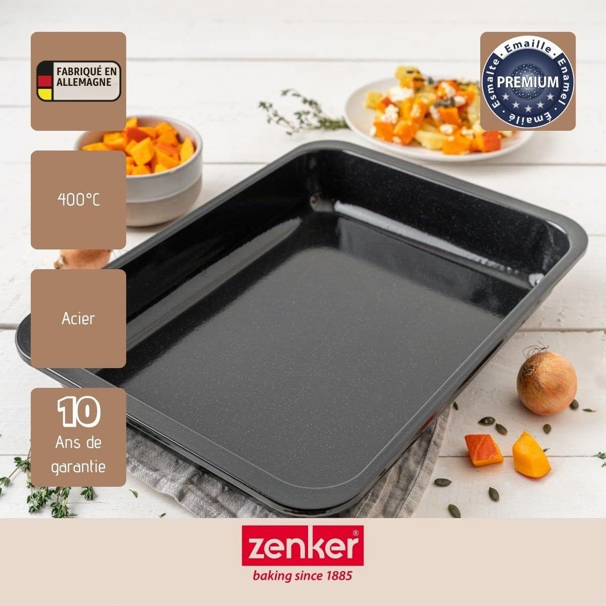 Zenker 7293 plat au four grand taille rectangulaire XXL, pour gratin, moule à gâteau, Pour rôtir, Acier émaillé, noir, 40 x 29 x 6 cm