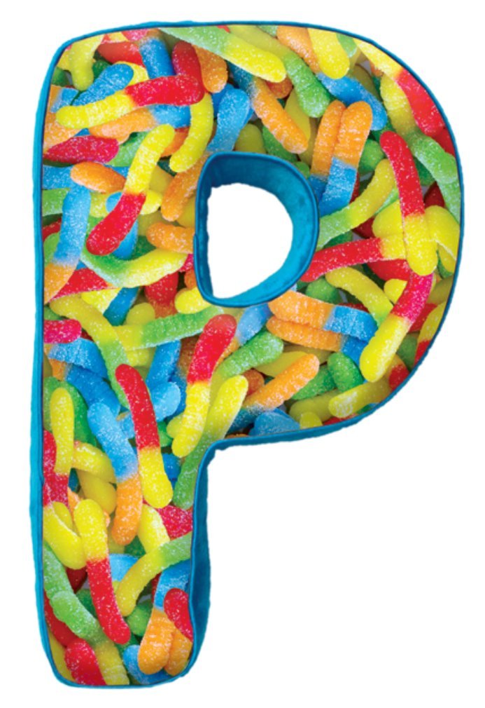 iscream Lettermania P Initial 16" Gummy Worms Print Fleece Back Microbead Pillow