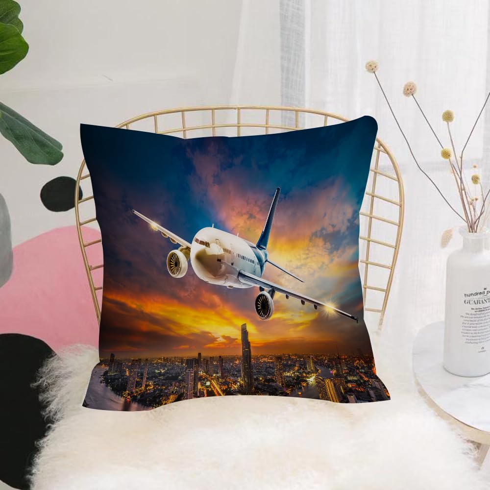 HYOSXW Cushion Cover,Throw Pillow Case Home Decorative for Living Room Bedroom Sofa Chair 16X16 Inch,Airplane for transportation flying over the night scene city on beautiful sunse,Pillowcase 40X40cm