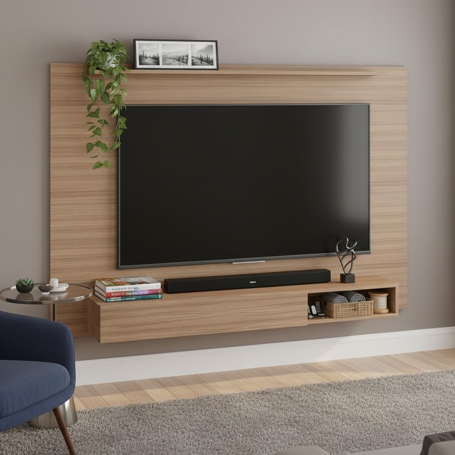 Image of FURNEASER Reyroy Wall Mounted TV Unit for Living Room | Wooden TV Panel with Floating Cabinet & Storage Shelf | Modern Entertainment Unit for Upto 60 Inch TV (Exotic Teak)