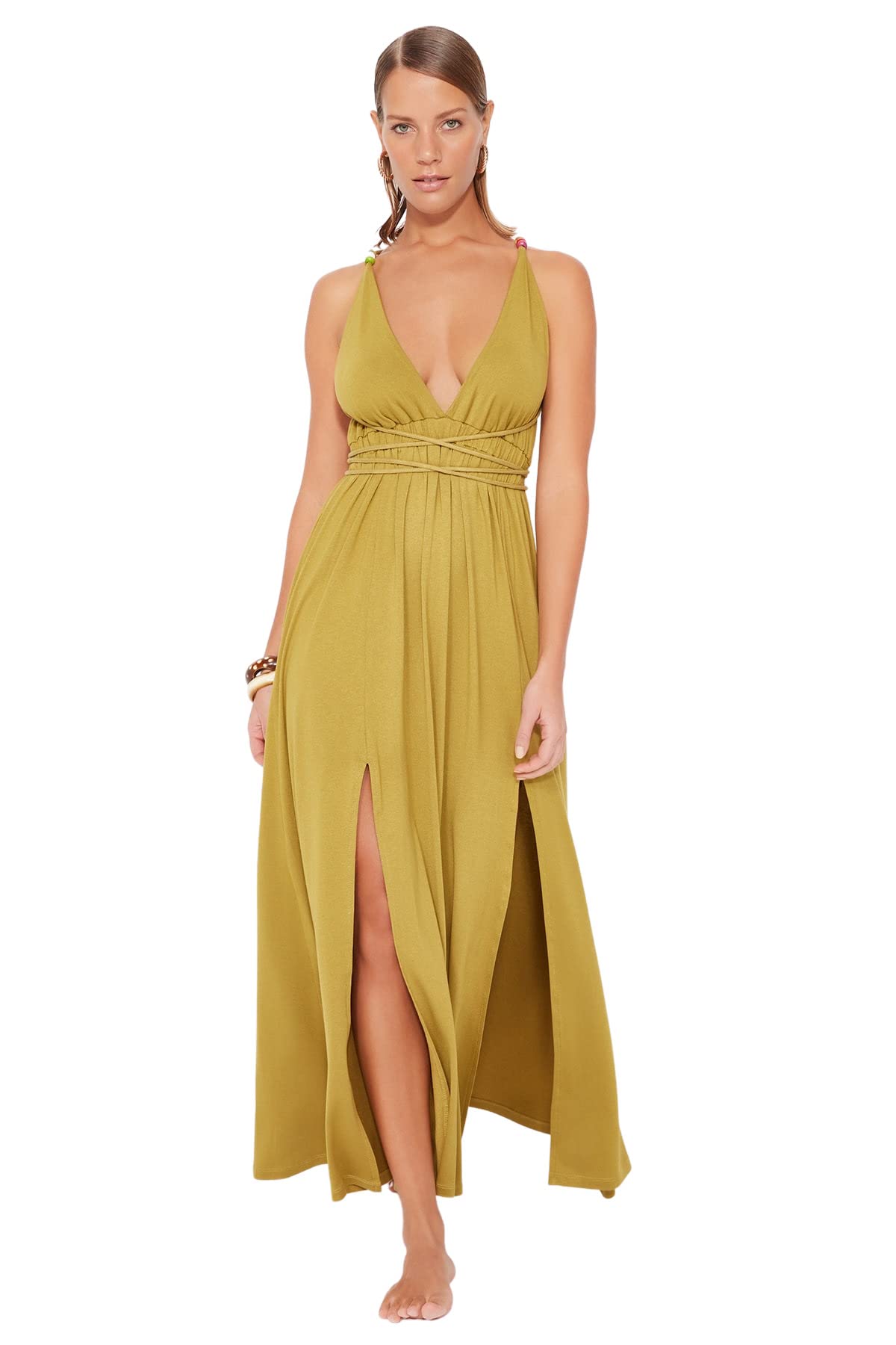 Trendyol Women's Beachwear Basic Relaxed fit Woven Dress, Khaki, S