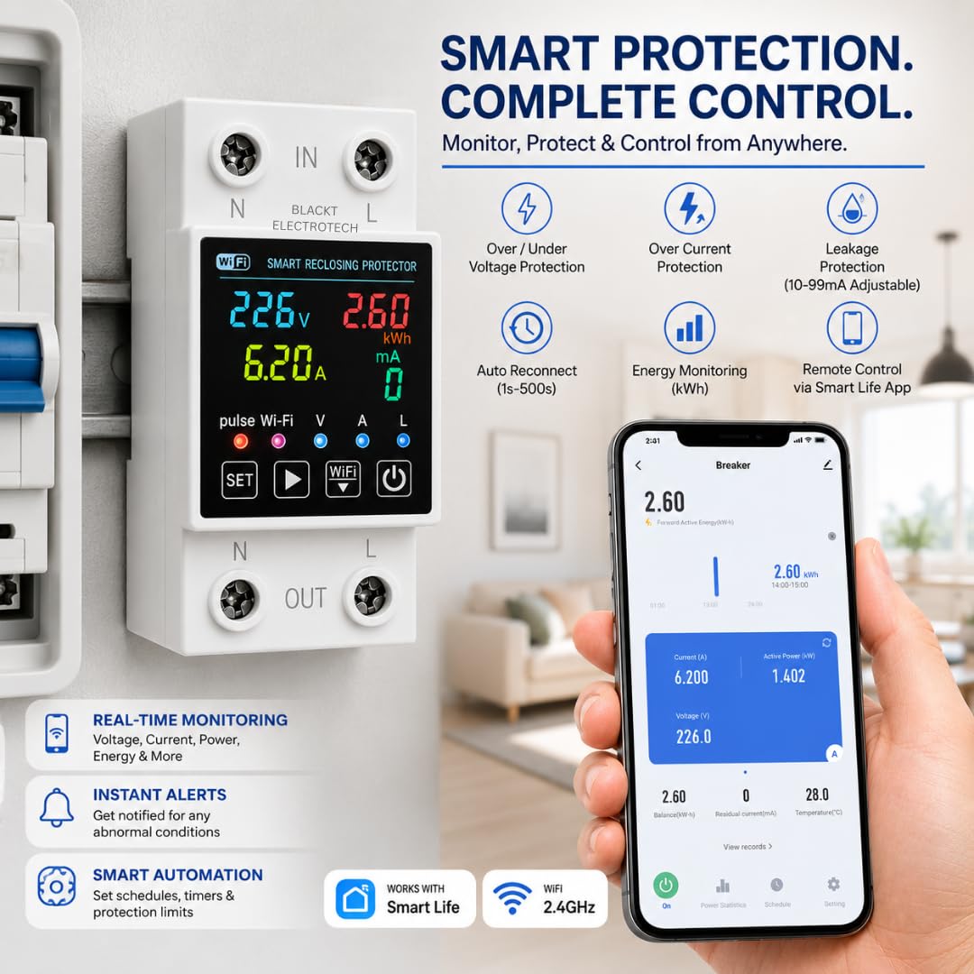 Blackt Electrotech BT720WP Smart Wi-Fi Over/Under Voltage Protector Energy Meter (AC 100-240V, 1-63A) with Leakage Protection, Remote Control & Power Monitoring Smart Life App — Amazon image 5