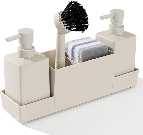 Dispensador de jabón de cocina con soporte de esponja para fregadero, dispensador de jabón de manos y jabón para platos con cepillo beige mate